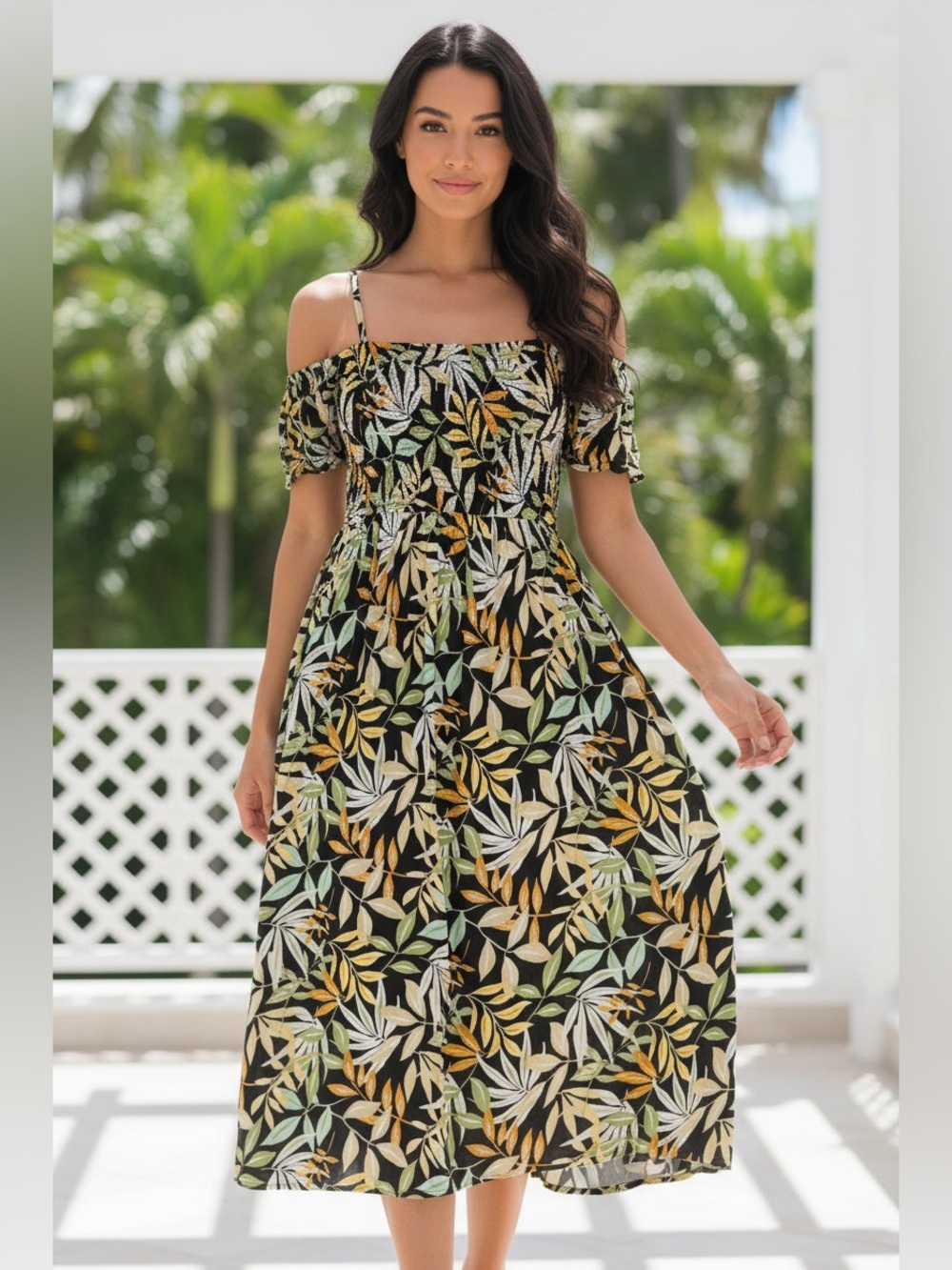 One-Shoulder Black Tropical Leaf Midi Dress
